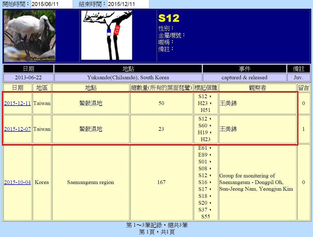 黑琵S12在台灣發現及鰲鼓解說員登錄紀錄-20151004之後-20151211-後製.jpg - 黑面琵鷺