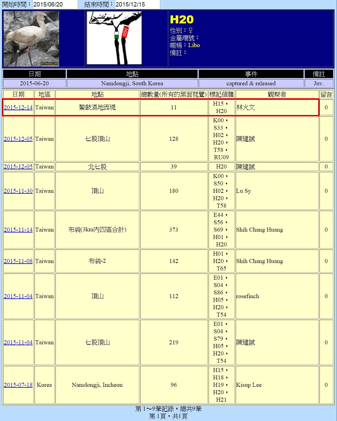 黑琵H20在鰲鼓濕地由解說員記錄次數-20151214-後製.jpg - 黑面琵鷺