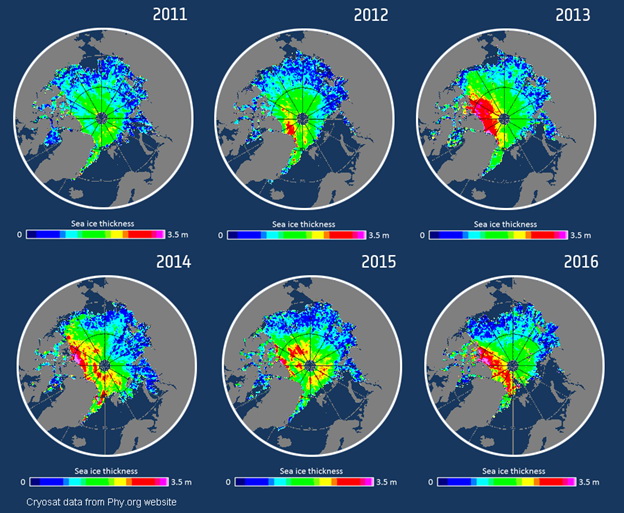 November Arctic sea ice thickness for the years 2011 to 2016, derived from the European Space Agency’s CryoSat.jpg - 日誌用相簿