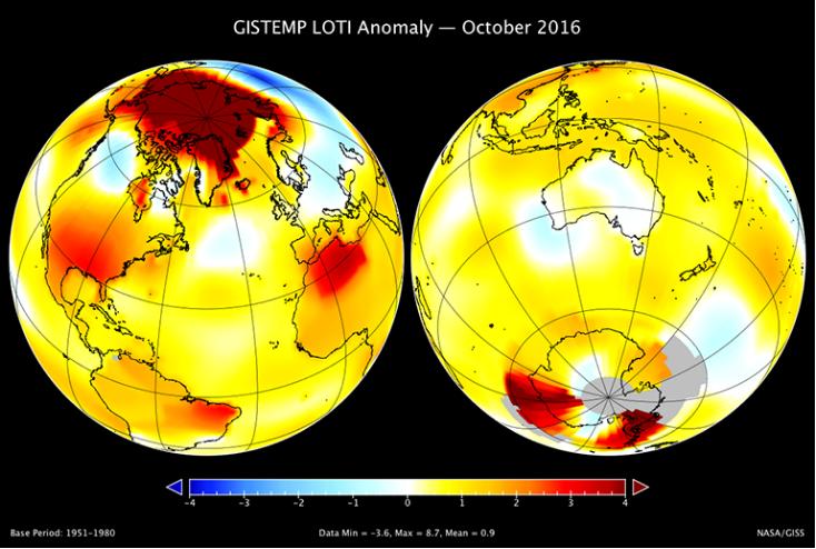 201610史上第二高溫-LOTI (land-ocean temperature index)showing that the Arctic region was much warmer than average-NASA.jpg - 日誌用相簿