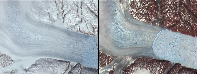 Helheim Glacier melt, Greenland-20010512-20050619-NASA