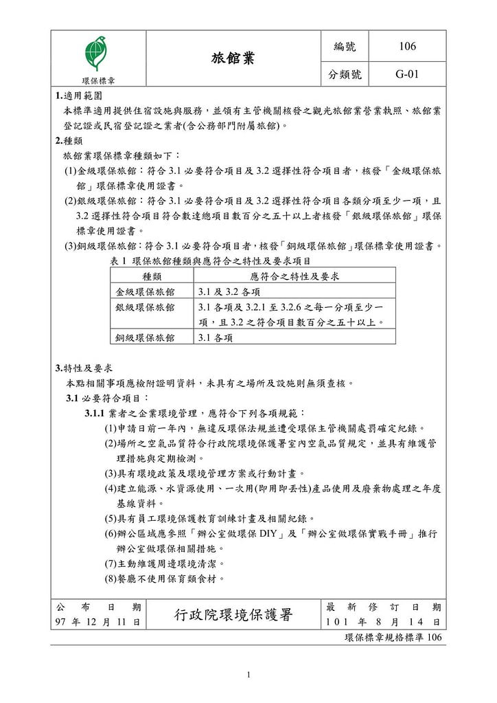 台灣旅館業環保標章規格標準修訂公告版-環保署-20120814_01