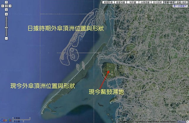 外傘頂洲新舊地圖比對-3-台灣堡圖+衛星-圖說